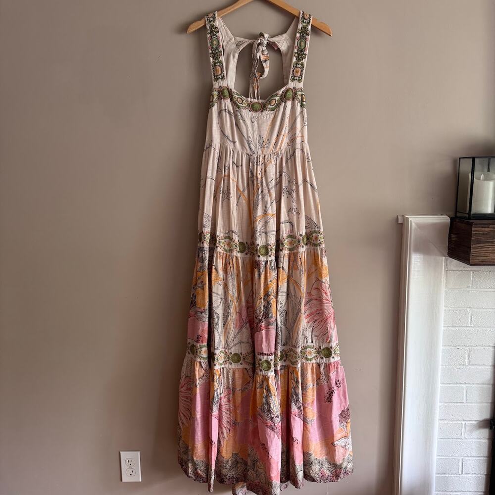 By Anthropologie Embroidered Square-Neck Floral Tiered Maxi Dress Beaded Boho L - Picture 2 of 10